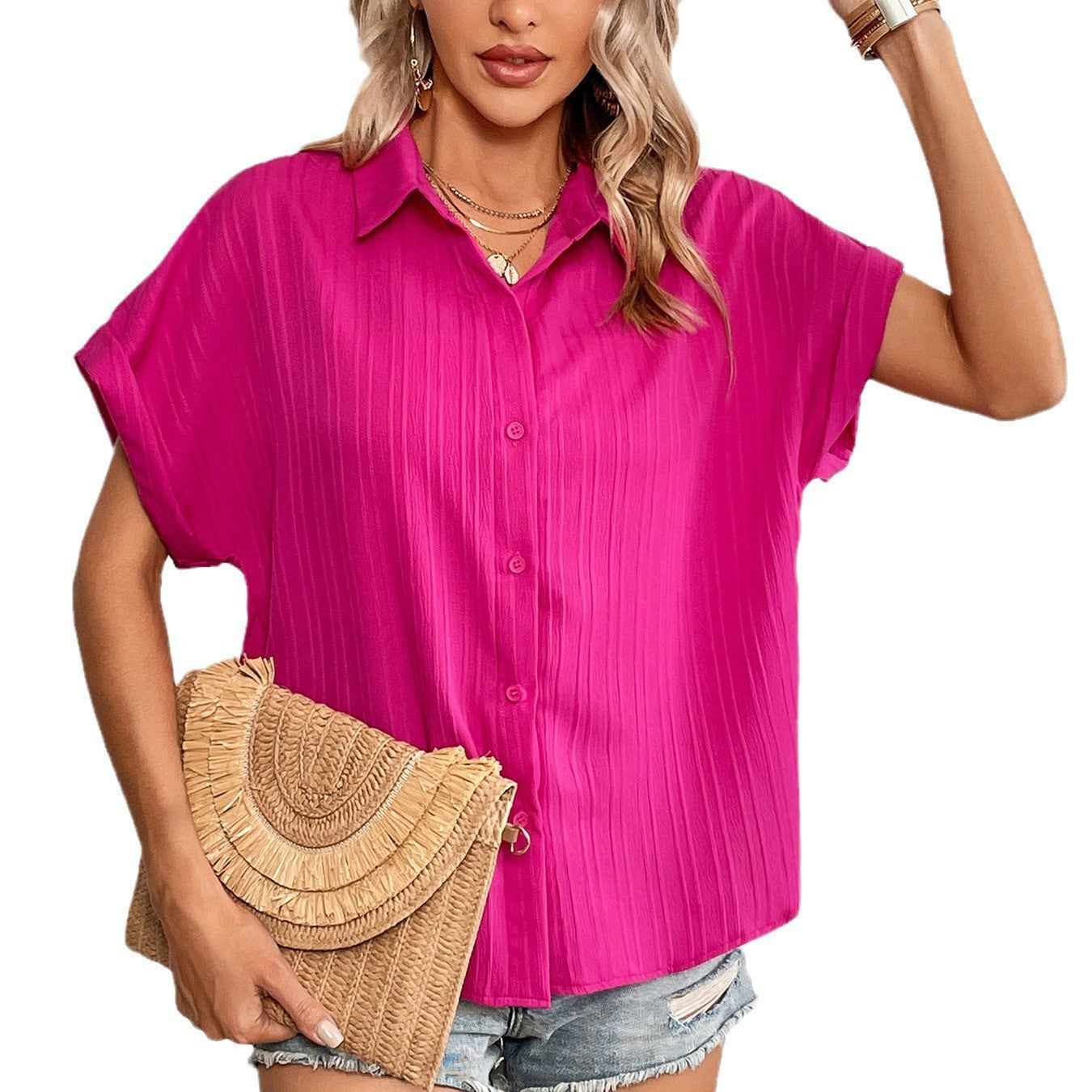 New Popular trade women's clothing spring and summer casual loose V-neck button-down shirt solid color short-sleeved shirt top
