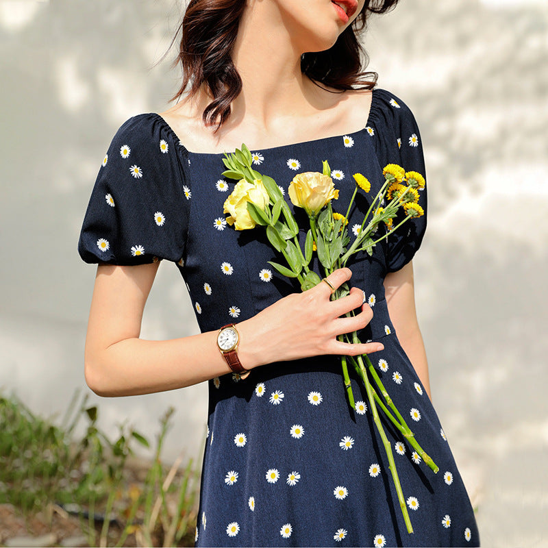 2025 Little Daisy Polka Dot Tea Break Dress Summer New Platycodon Platycodon Long Skirt Women's Square Neck Dress