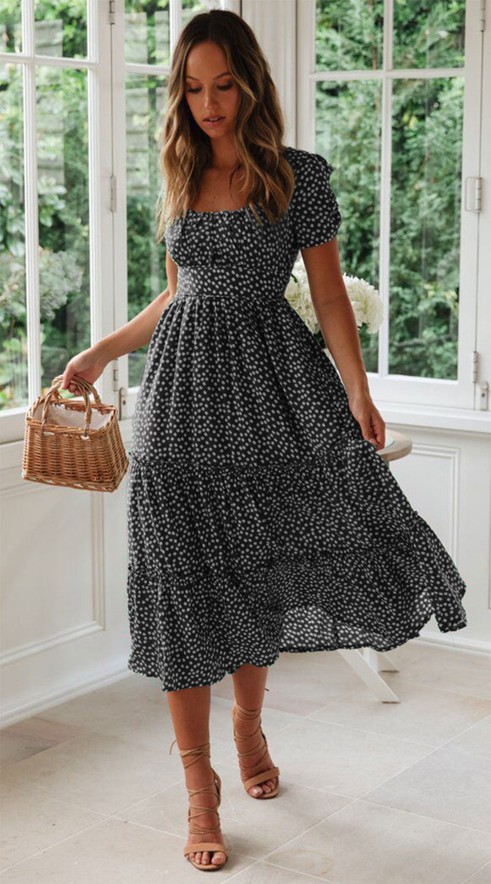 ANTMVS European and American New Wish Hot Square Collar Puff Sleeve Floral Dress Dress