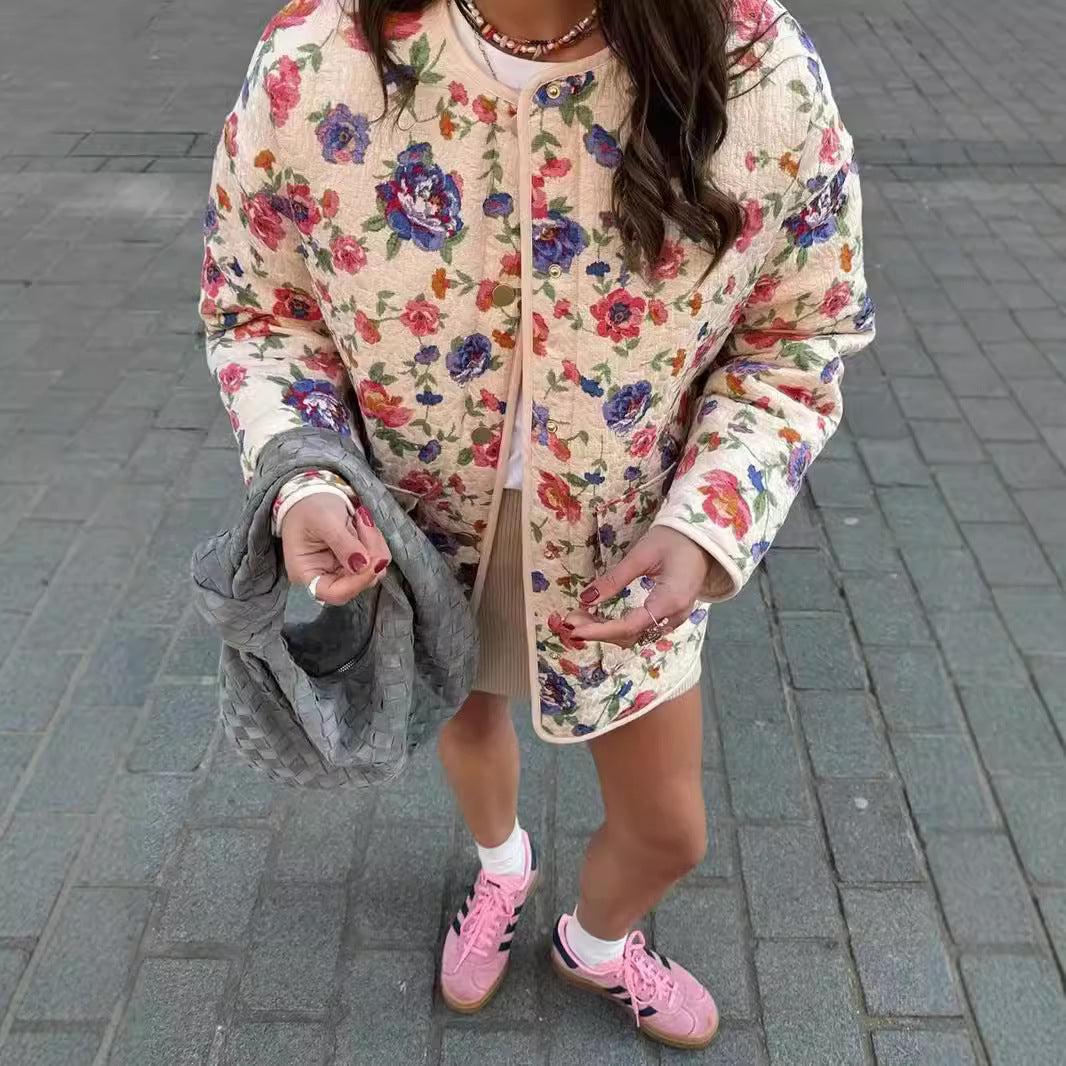 2025 SE24 autumn and winter new romantic floral broadband casual quilted crew neck jacket jacket cotton clothes 32036
