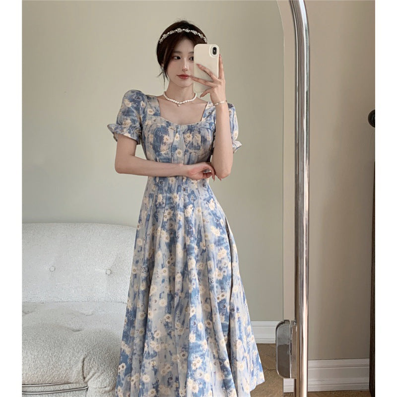 2025 square collar blue oil painting floral dress women summer waist thin Internet celebrity explosion first love dress