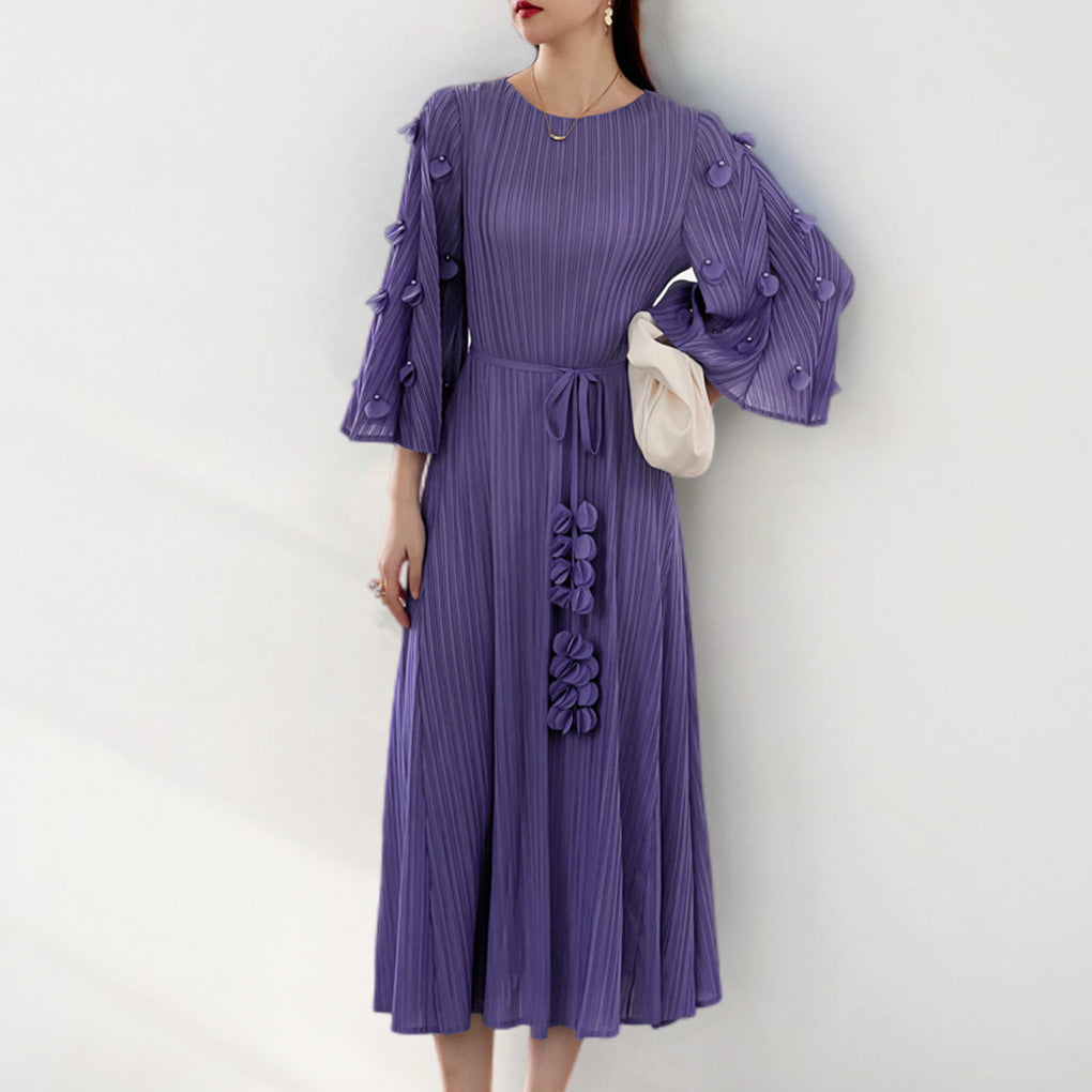 2025 2025 New new Mizhai dress large size women's clothing seven-quarter sleeve lace-up medium and long fashion temperament pleated skirt
