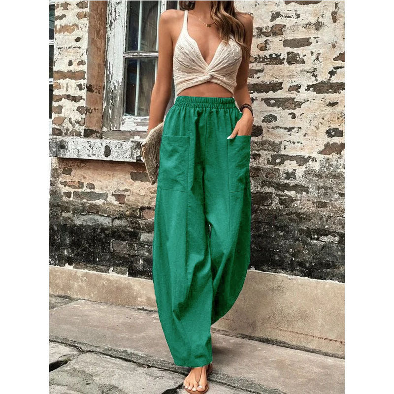 Antmvs Wish Independent Station Cross-Border Hot Women's Pants Solid Color Pocket Women's Casual Trousers Trousers with an Elasticated Waist Trousers