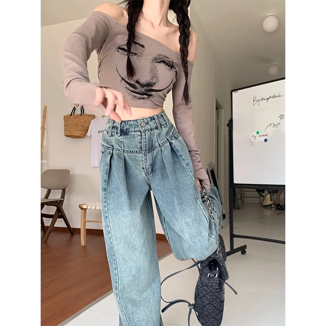 Antmvs Wide-Leg Jeans Women's Autumn Slimming Thick Leg Flab Hiding High Waist Loose Ins Western Style Draping Washed Distressed Pants