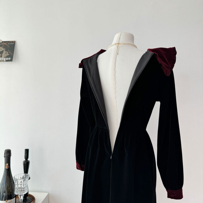 2025 new women's spring and autumn skirt retro high-end wear black velvet dress women's clothing