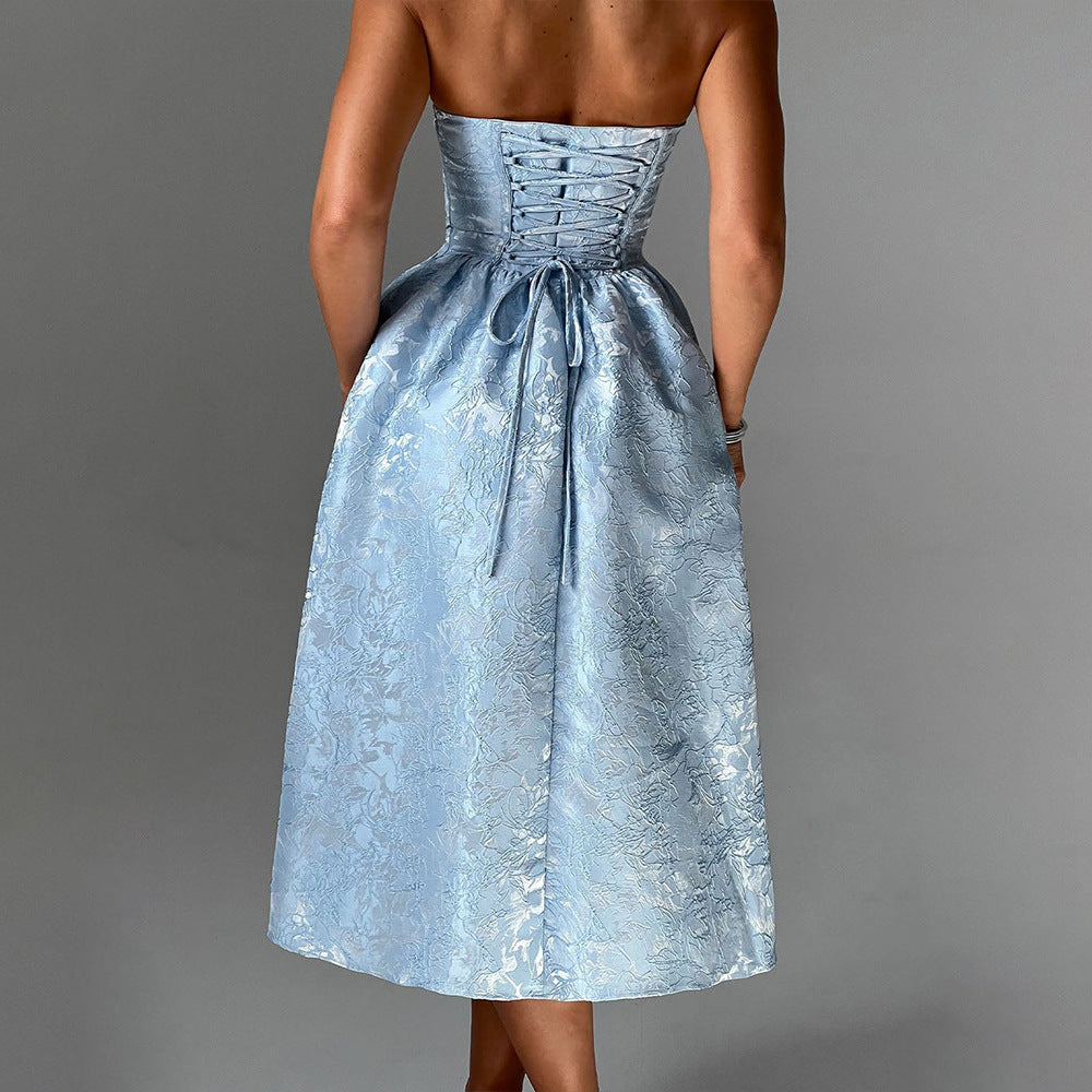 2025 New ins wind hot sales new dress, tube top one-word collar lace-up long dress fashion slim dress