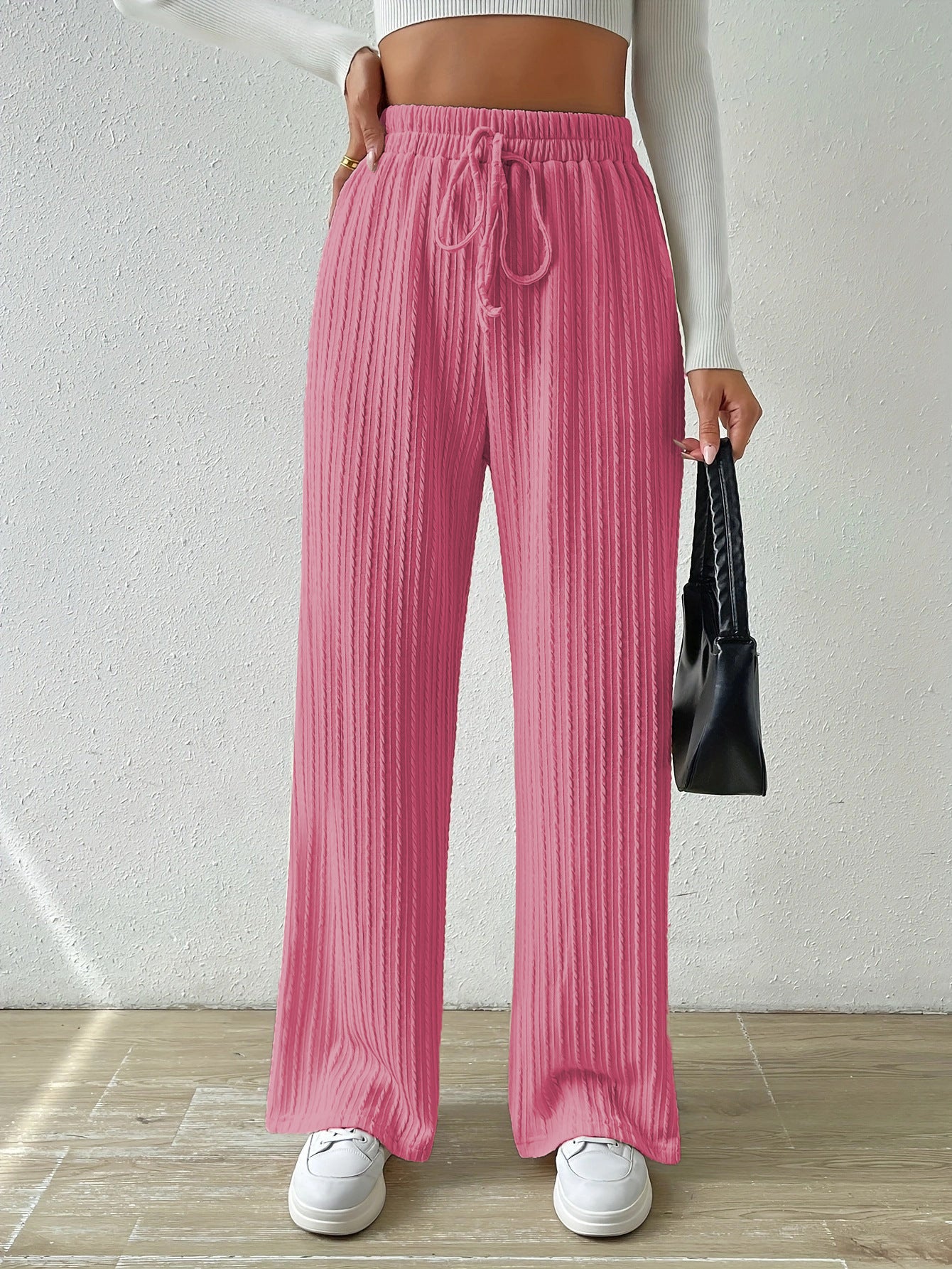 Antmvs HOTan and NEWn New Knot Waist Texture Knitted Wide Leg Trousers Elastic High Waist Pure Color Casual Loose Straight Women's Clothing