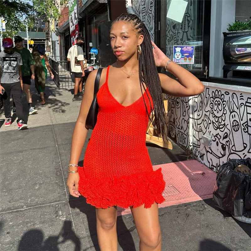 ANTMVS European and American Style Summer New Women's Sexy Hot Girl Strap Backless V-neck Low-Cut High Waist Bud Dress