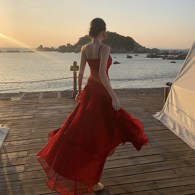 2025 Design sense waist ruffle edge big skirt dress vacation dress seaside long dress atmosphere beach dress elegant