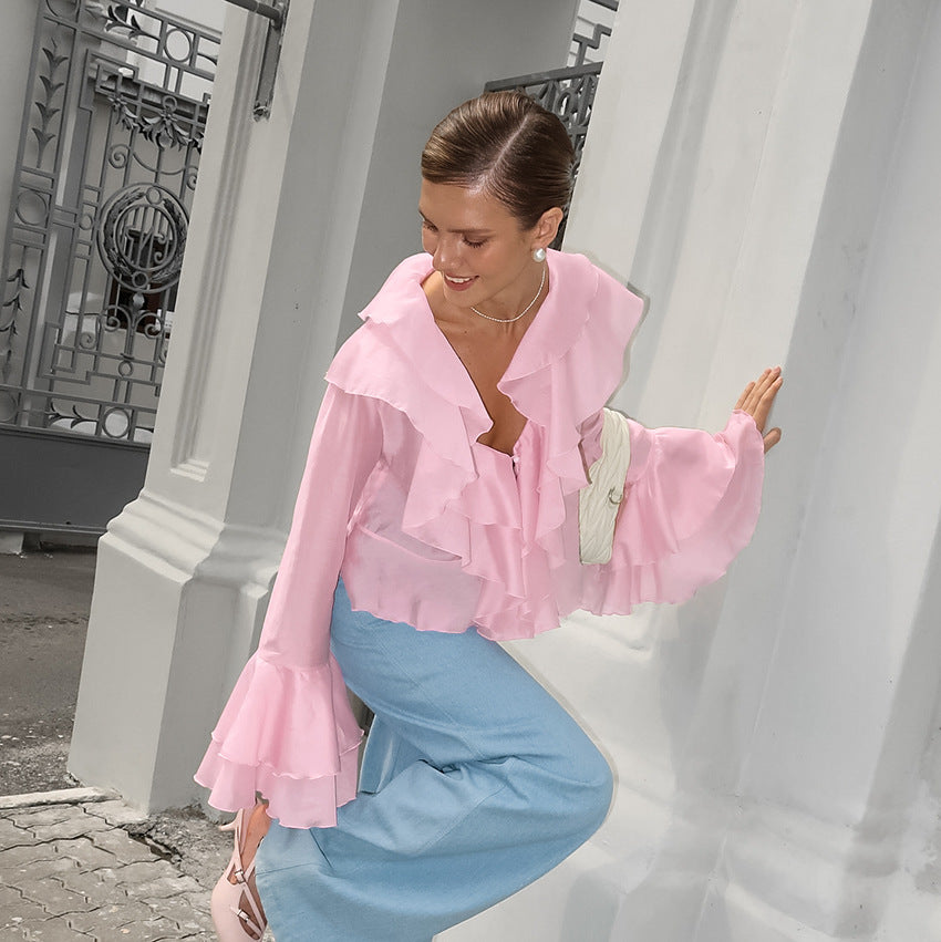 2025 Summer charm pink chiffon sunscreen temperament cascade ruffle edge V-neck horn sleeve short women's shirt