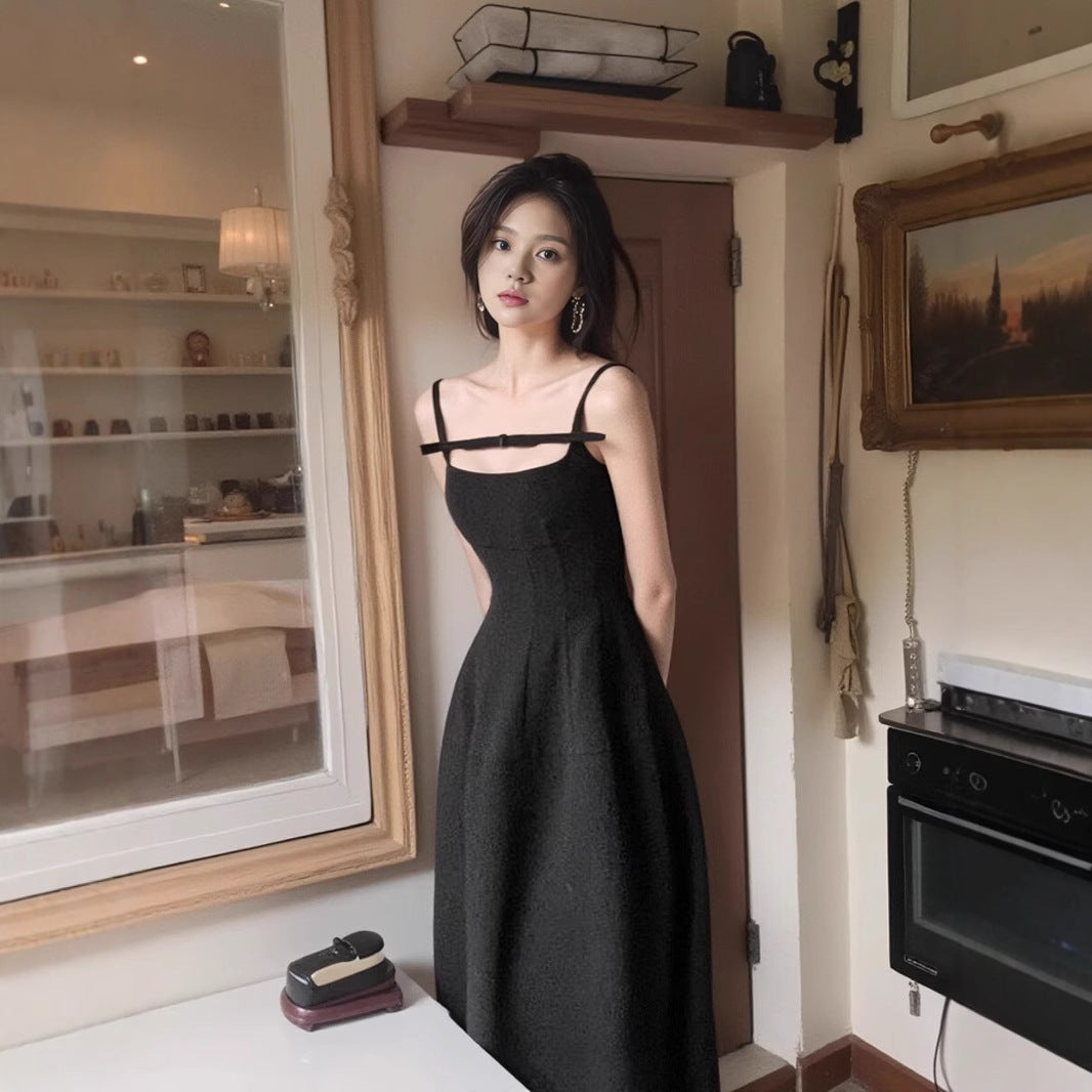 2025 Xiaoxiangfeng black bow neck dress women's summer waist daughter wind lotus leaf edge a word skirt