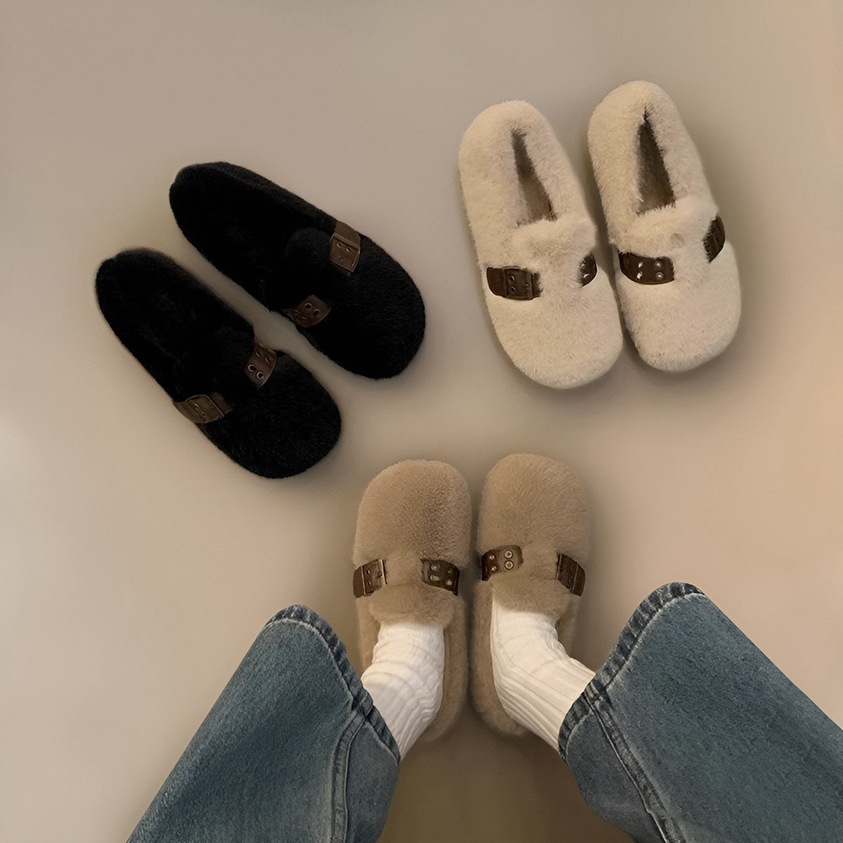 2025 Fluffy shoes women's outer wear popular new winter Maillard belt buckle soft sole non-slip beanie cotton shoes
