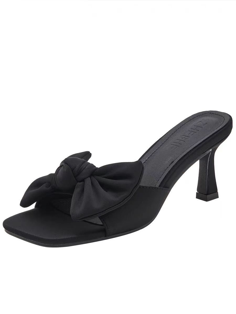 ANTMVS Women's Bow High Heels Summer Small Square Toe Outdoor Sandals Classy Stilettos Sexy Flip Flops