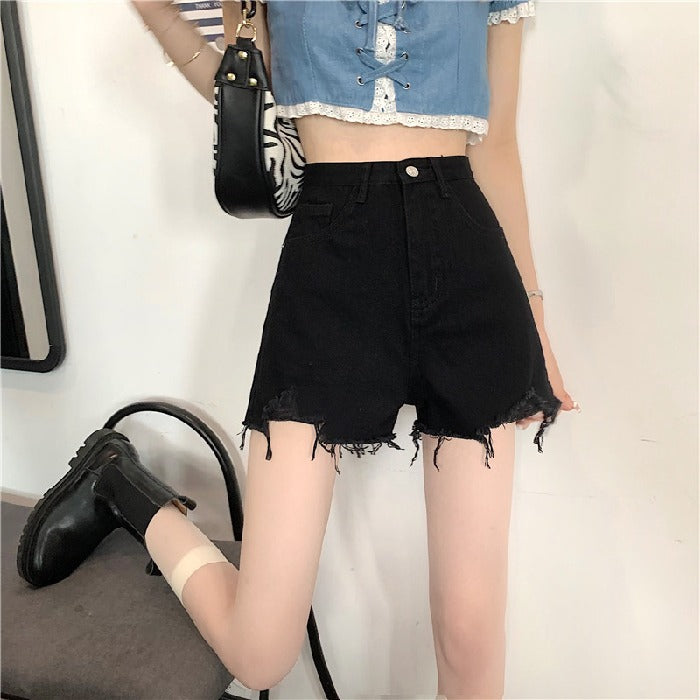 Antmvs Black Jeans Shorts for Women Summer New Korean Style Ripped High Waist Slimming Hot Pants Hot Girl Wide-Leg Pants