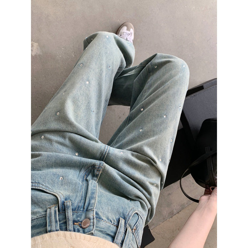 Real Shot Rhinestone Multi-Color Wide Leg Jeans for Women 2025 Spring and Summer New High Waist Straight Loose Draggle-Tail Trousers Tide