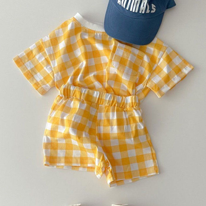 ANTMVS Korean Style Infant Refreshing Comfortable Short Sleeve Suit Ins Style Summer Love Plaid Casual T-shirt Shorts Two-Piece Set