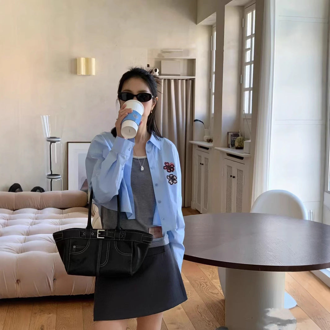 2025 niche women's clothing new blue flower embroidered lapel shirt loose casual long-sleeved cotton top