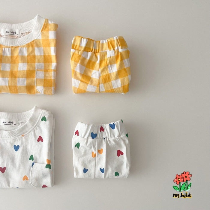 ANTMVS Korean Style Infant Refreshing Comfortable Short Sleeve Suit Ins Style Summer Love Plaid Casual T-shirt Shorts Two-Piece Set