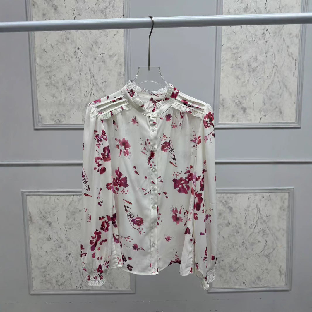 2025 BA Long Sleeve New Top Twin Rose Print Front Shoulder Fungus Front Buckle Chiffon Shirt