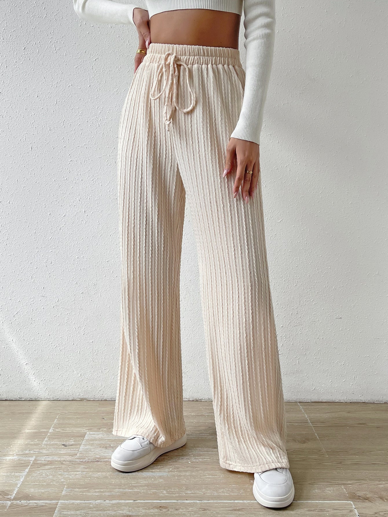 Antmvs HOTan and NEWn New Knot Waist Texture Knitted Wide Leg Trousers Elastic High Waist Pure Color Casual Loose Straight Women's Clothing