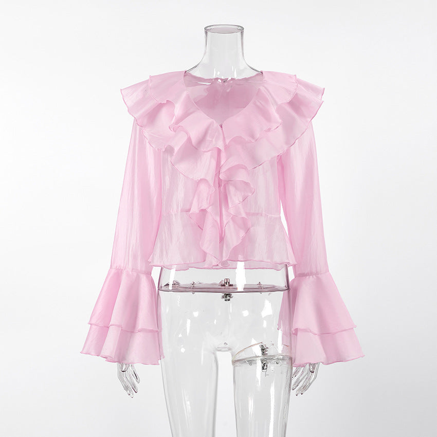 2025 Summer charm pink chiffon sunscreen temperament cascade ruffle edge V-neck horn sleeve short women's shirt