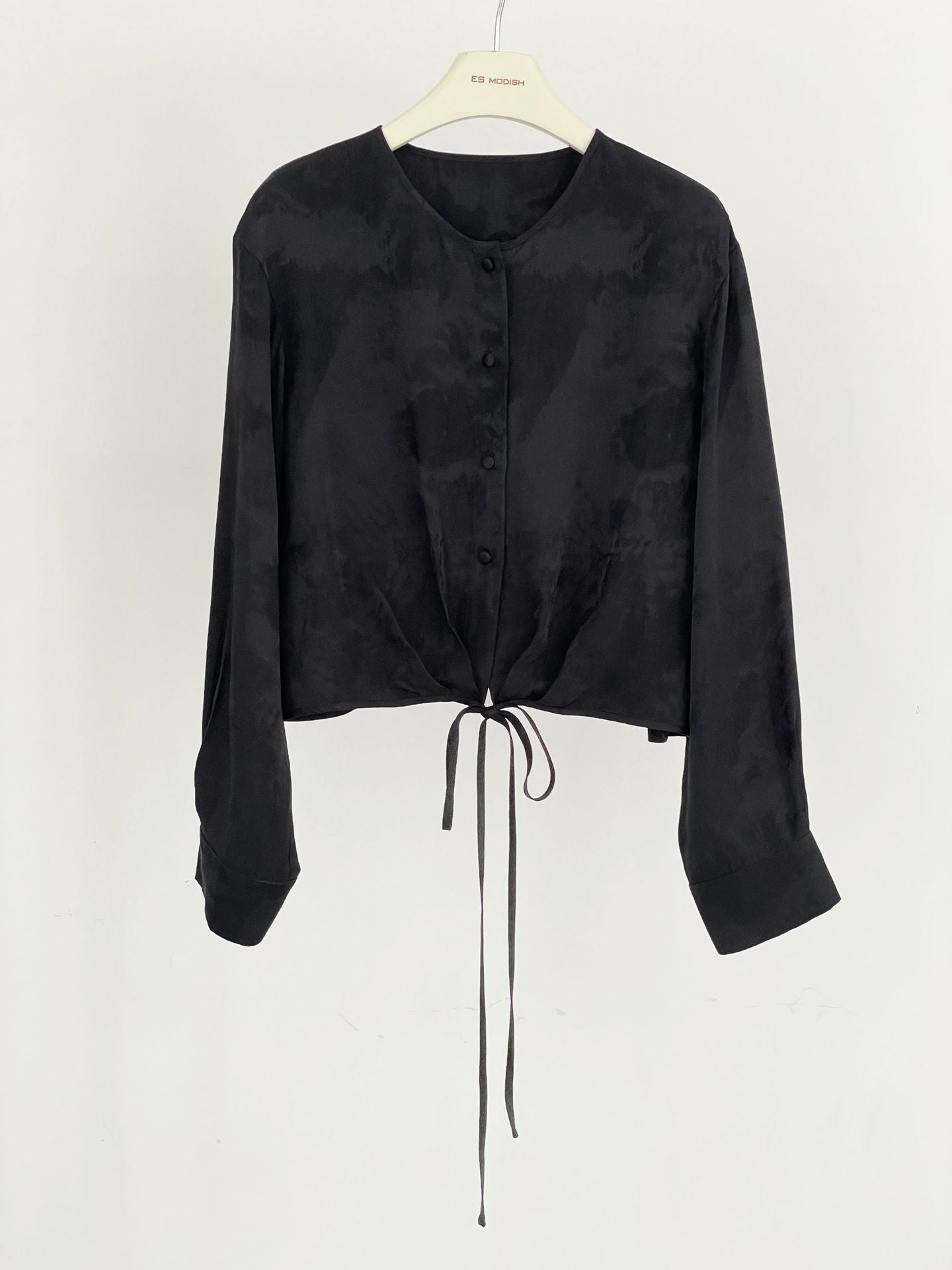 2025 ES MODISH Spring New National Style Jacquard Crew Neck Drawstring Shirt Lazy Casual Loose Top Girls
