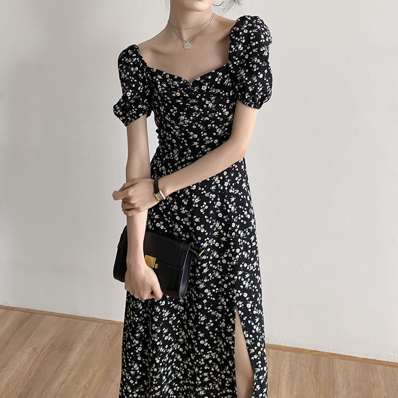 2025 first love sweet tea break square neck bubble sleeves small fresh floral dress black temperament long skirt women's summer