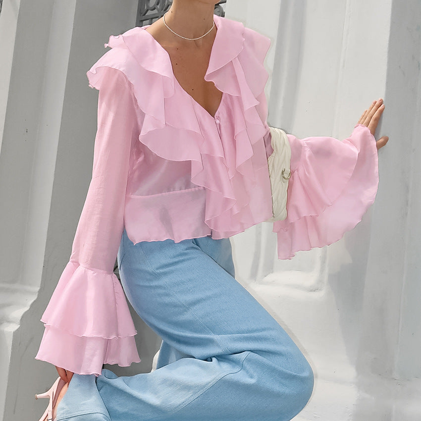 2025 Summer charm pink chiffon sunscreen temperament cascade ruffle edge V-neck horn sleeve short women's shirt