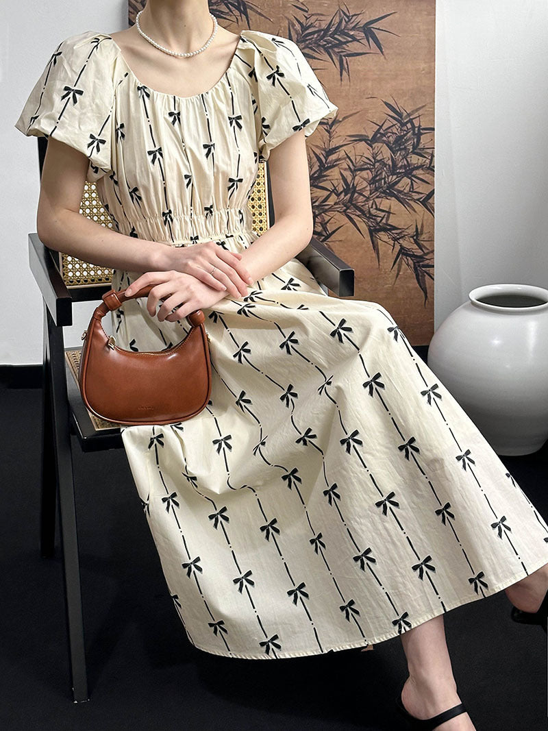 2025 popular spring and summer new dress women's Korean bow print high waist temperament waist long dress 86115