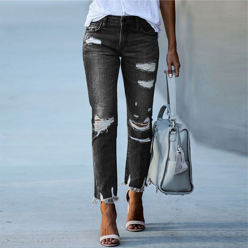 Direct Sales 2025 New Ripped Jeans Women's Fashion Temperament High Waist Slimming Ankle Tight Pants