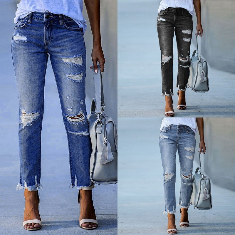Direct Sales 2025 New Ripped Jeans Women's Fashion Temperament High Waist Slimming Ankle Tight Pants