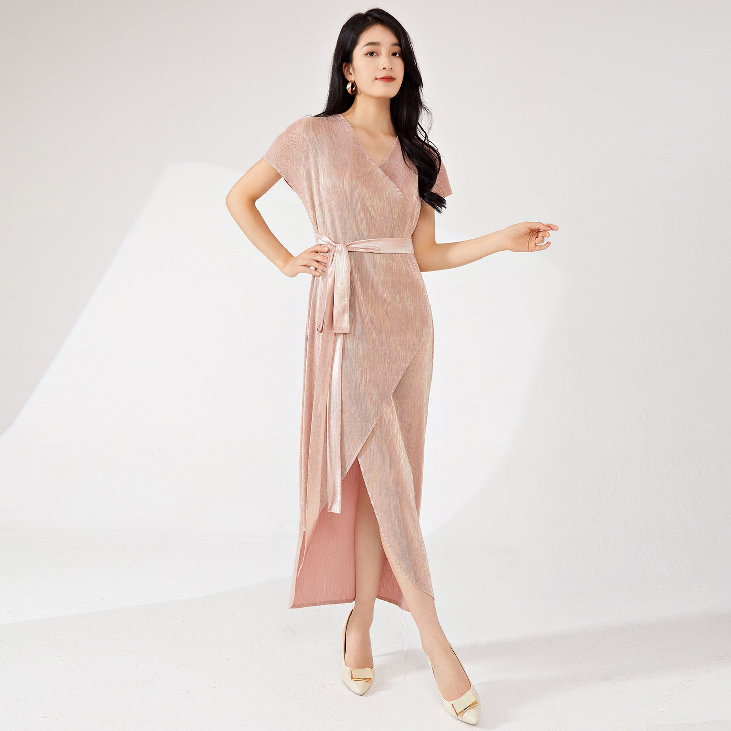 2025 dress spring and autumn women's high-end sense spring and summer new metal texture irregular split tie dress long dress
