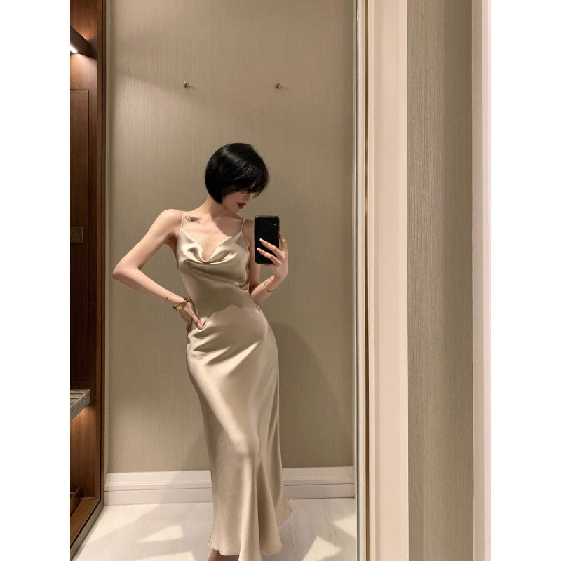 2025 Dangling neck acetic acid suspender skirt temperament acetic acid satin swinging neck sexy suspender dress women's summer