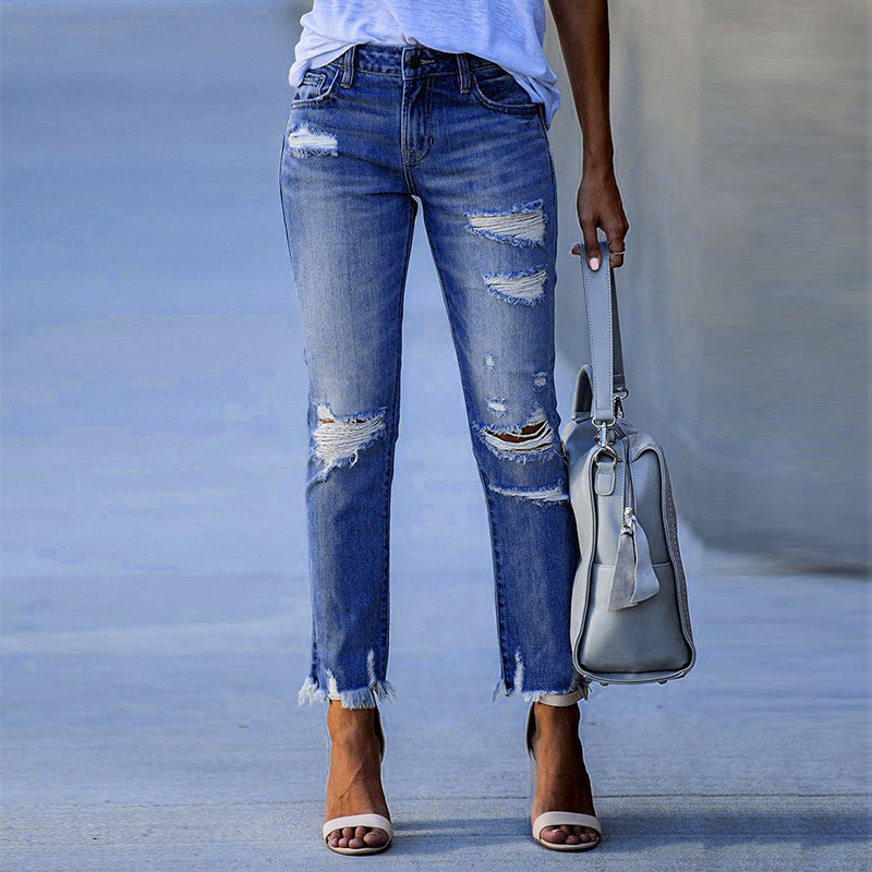 Direct Sales 2025 New Ripped Jeans Women's Fashion Temperament High Waist Slimming Ankle Tight Pants
