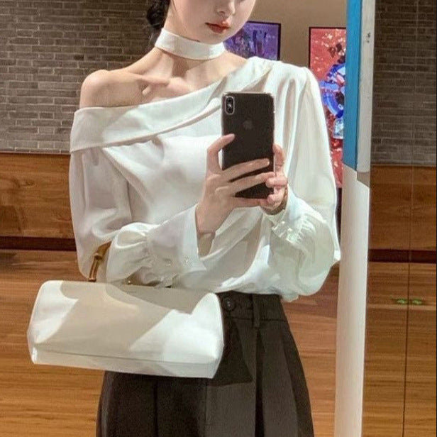 2025 temperament one-word collar off-shoulder long-sleeved top women's design sense niche irregular and thin satin shirt