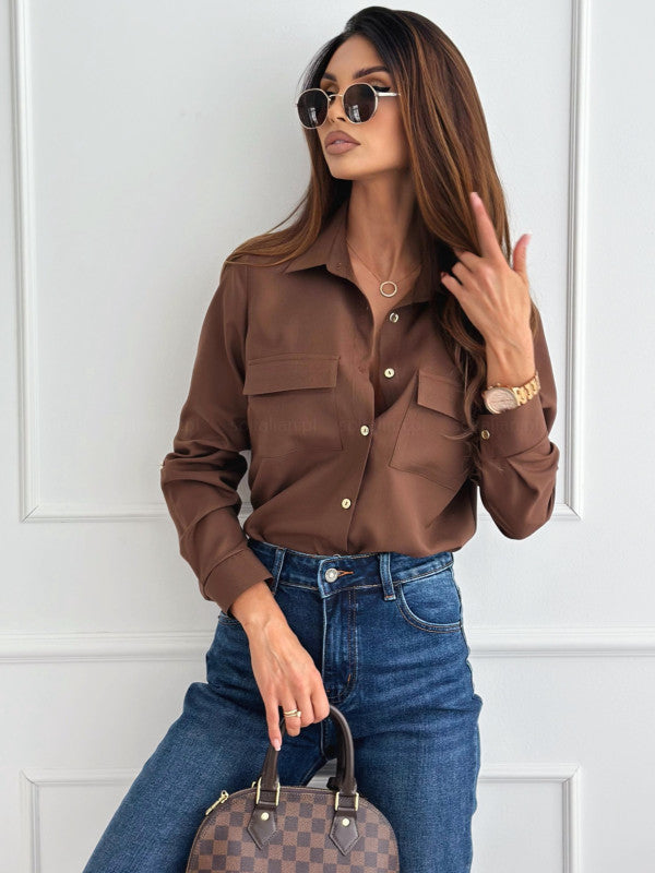 Popular trade women's clothing spring new solid color elbow-sleeved single-breasted shirt long-sleeved shirt