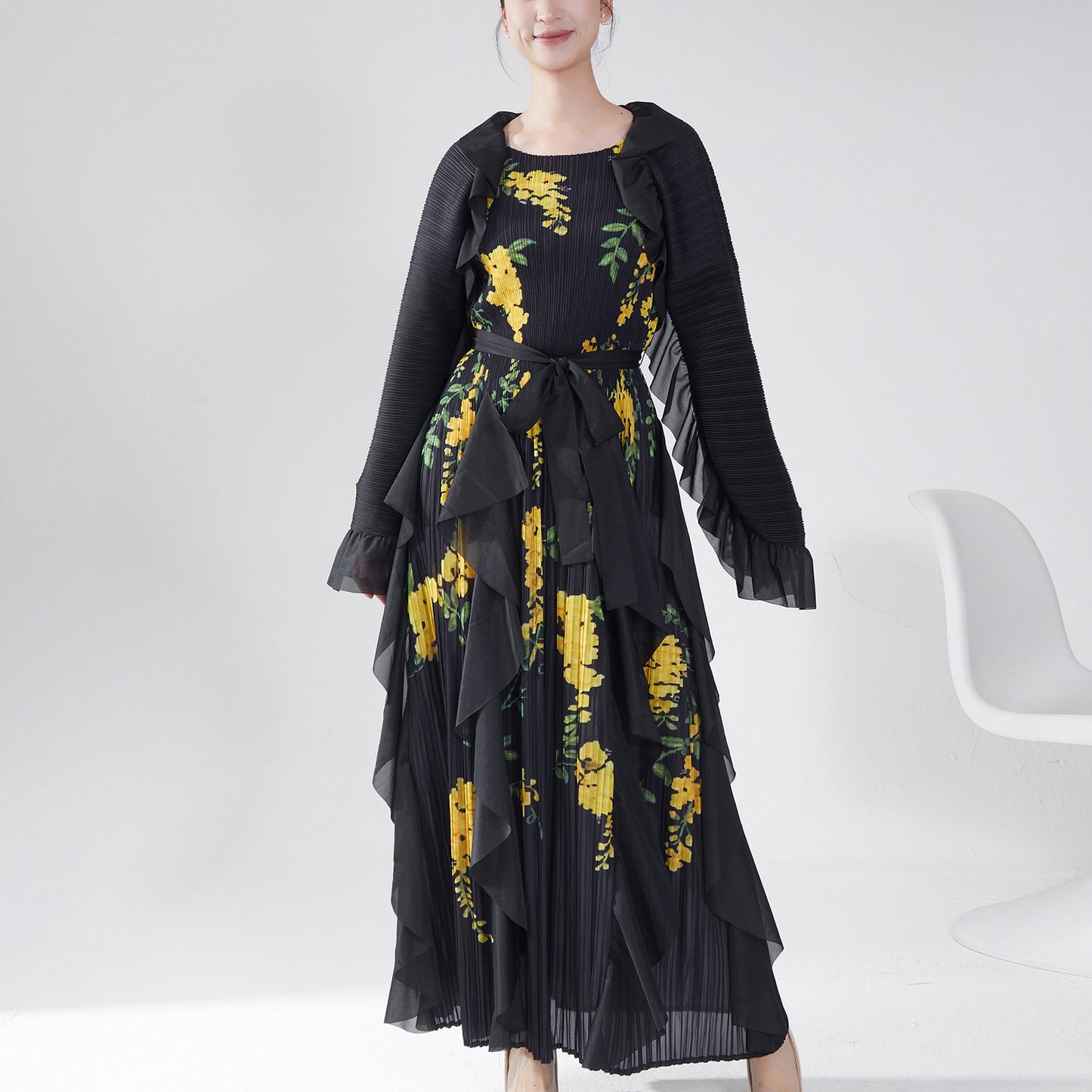 2025 Hot trade Sanzhai autumn dress high-end long-sleeved retro printing loose large size lace-up temperament elegant long dress