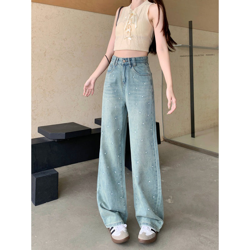 Real Shot Rhinestone Multi-Color Wide Leg Jeans for Women 2025 Spring and Summer New High Waist Straight Loose Draggle-Tail Trousers Tide