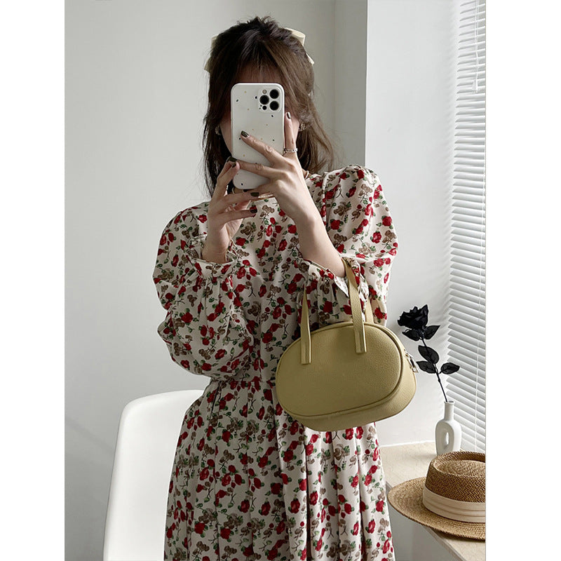 2025 2025 Spring Crew Neck Floral Dress Women's Waist Fresh Dress Women's Medium and Long Retro First Love Dress 9105-1