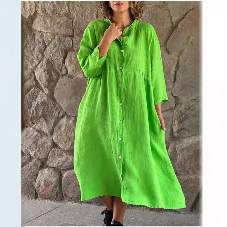 ANTMVS Cross-Border Women's Clothing New Cotton and Linen European and American Solid Color Casual Button Length Dress Wholesale