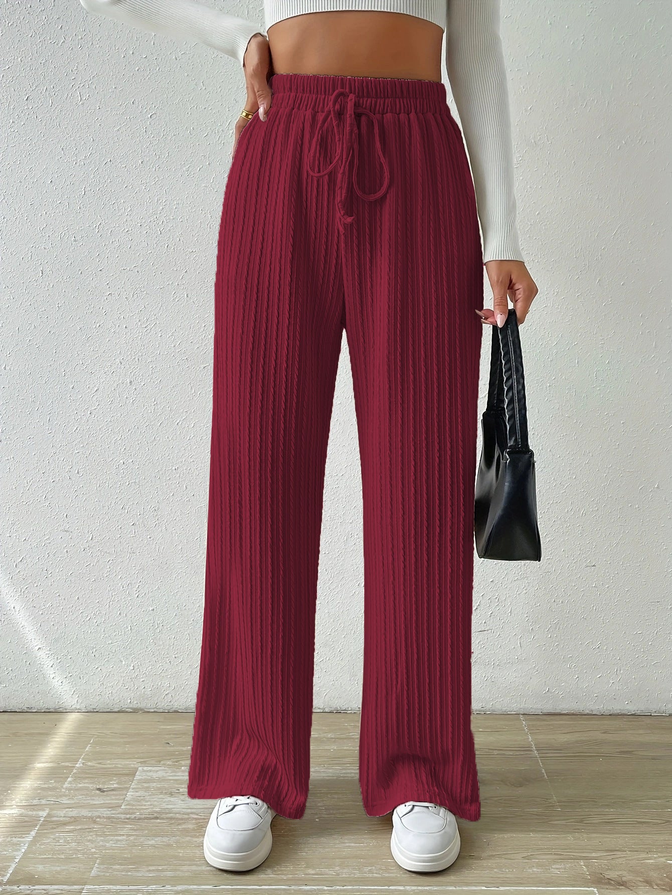 Antmvs HOTan and NEWn New Knot Waist Texture Knitted Wide Leg Trousers Elastic High Waist Pure Color Casual Loose Straight Women's Clothing