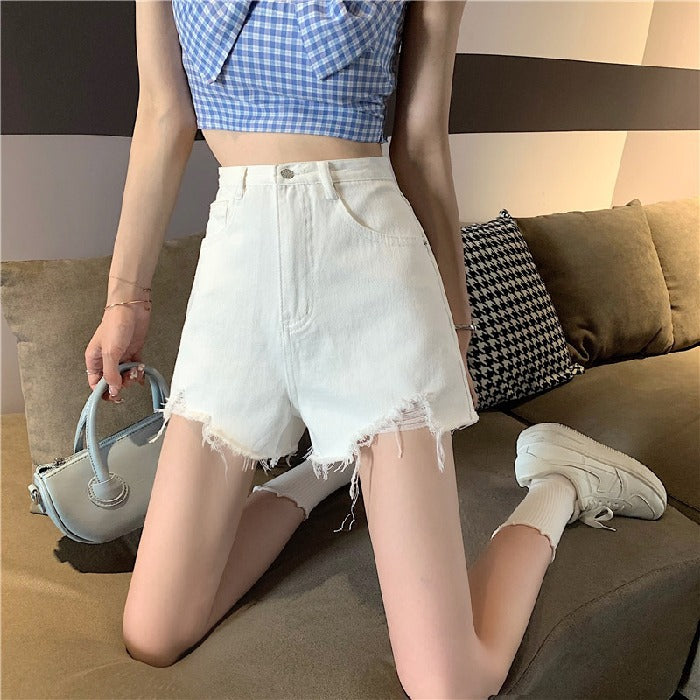 Antmvs Black Jeans Shorts for Women Summer New Korean Style Ripped High Waist Slimming Hot Pants Hot Girl Wide-Leg Pants