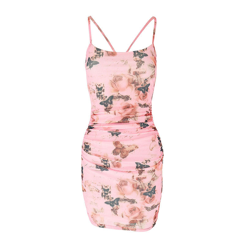 ANTMVS 2025 AC322 butterfly print sexy suspender dress women's early spring waist hip skirt mesh yarn pure desire beauty back skirt