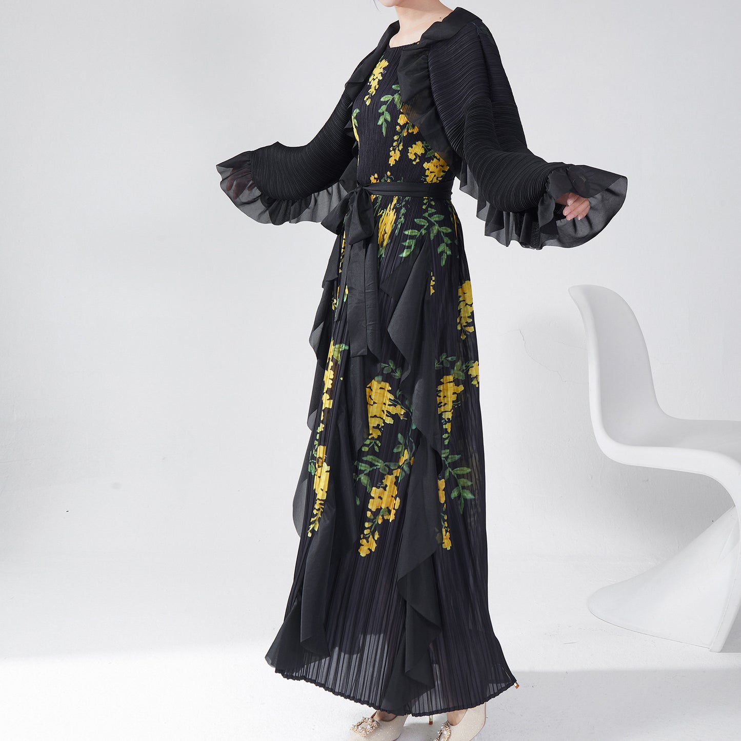 2025 Hot trade Sanzhai autumn dress high-end long-sleeved retro printing loose large size lace-up temperament elegant long dress