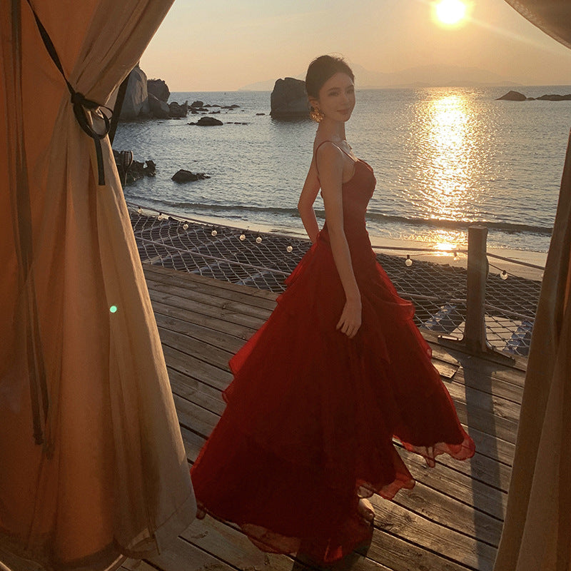 2025 Design sense waist ruffle edge big skirt dress vacation dress seaside long dress atmosphere beach dress elegant