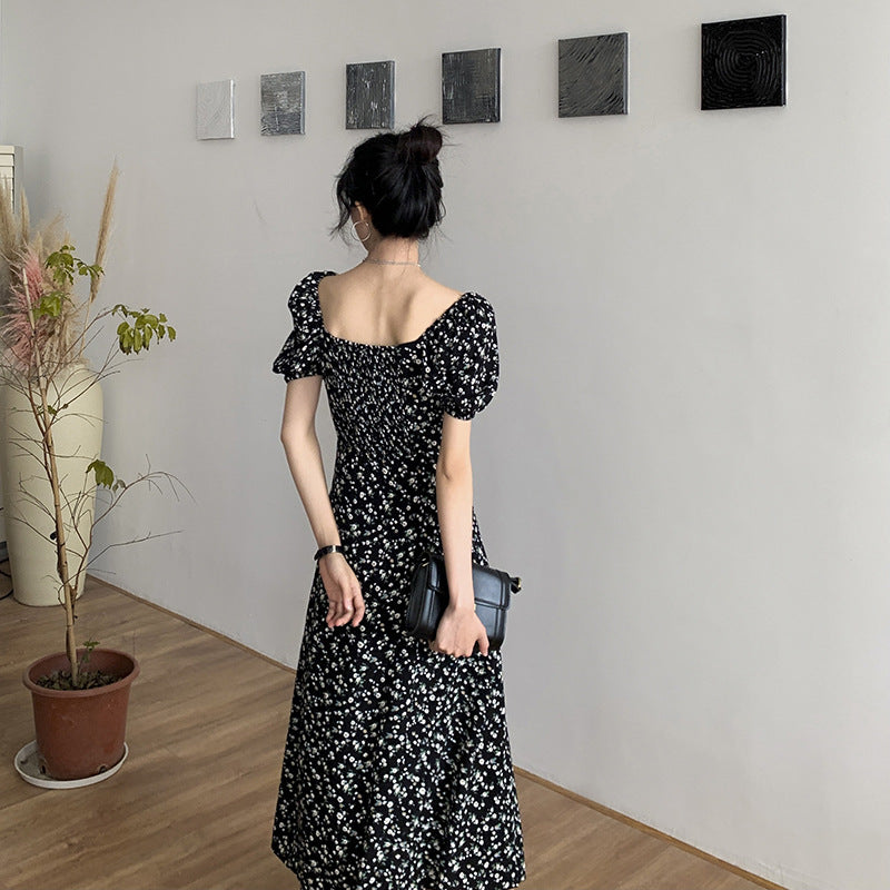 2025 first love sweet tea break square neck bubble sleeves small fresh floral dress black temperament long skirt women's summer