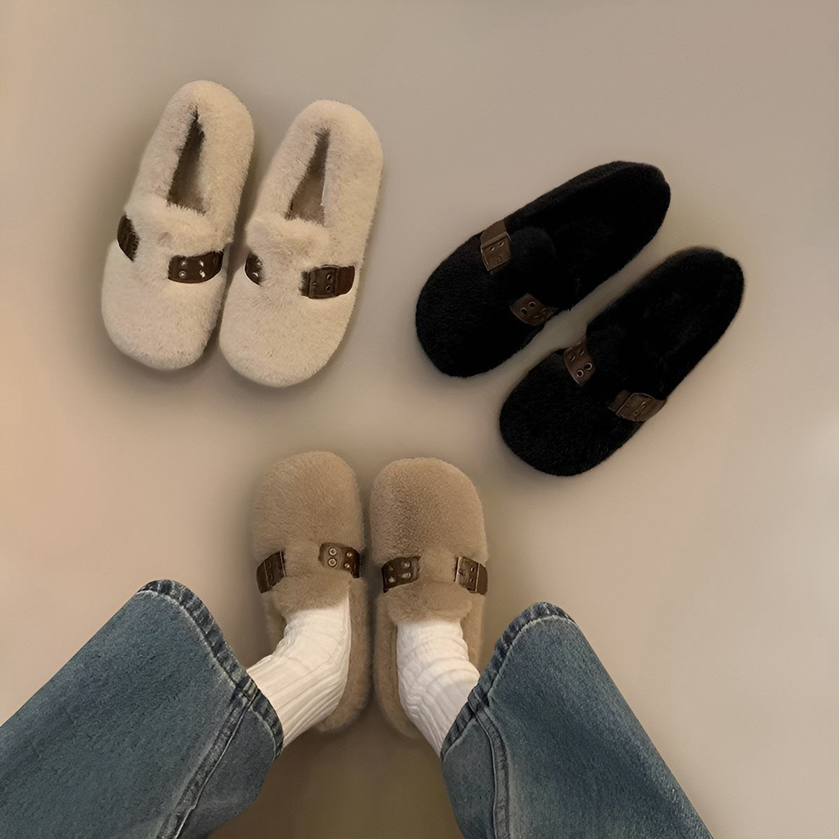 2025 Fluffy shoes women's outer wear popular new winter Maillard belt buckle soft sole non-slip beanie cotton shoes