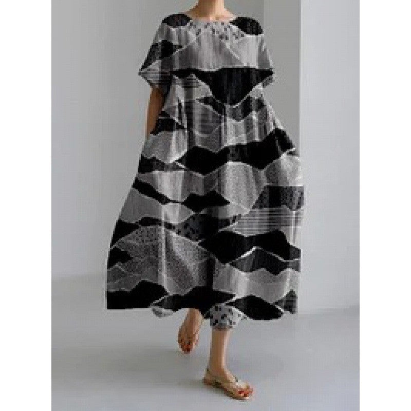 ANTMVS Cross-Border Summer New European and American Women's Clothing Loose round Neck Fashion Advanced Short Sleeve 3D Printing Dress