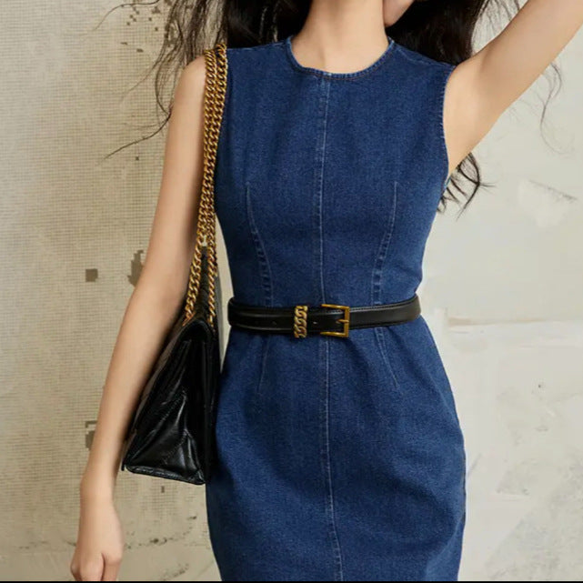 2025 Popularan Station Crew Neck Sleeveless Slim Hip Wrap Denim Dress Spring and Summer New Medium and Long Dress