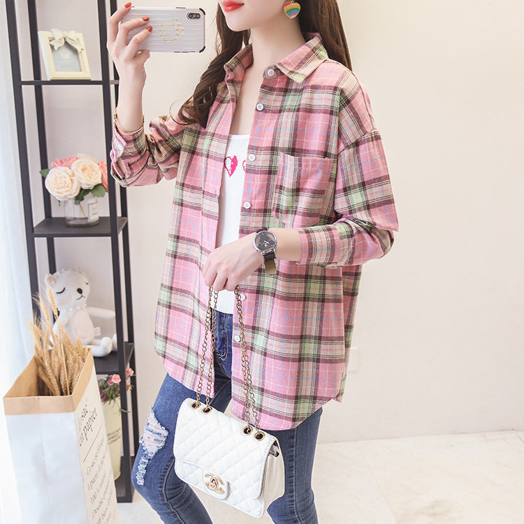 ANTMVS Plaid Shirt Women's Loose Long Sleeve Spring and Autumn Style Versatile Casual Student Spring and Autumn plus Size Korean Style Shirt Coat Cotton